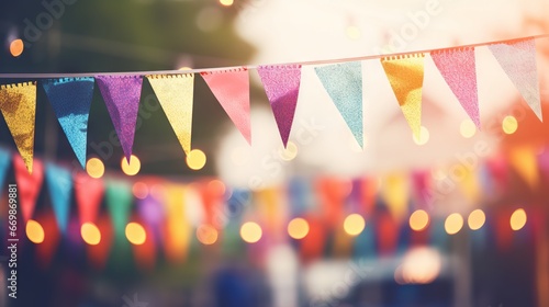 Colorful triangular flags on blur background for outdoor party celebration