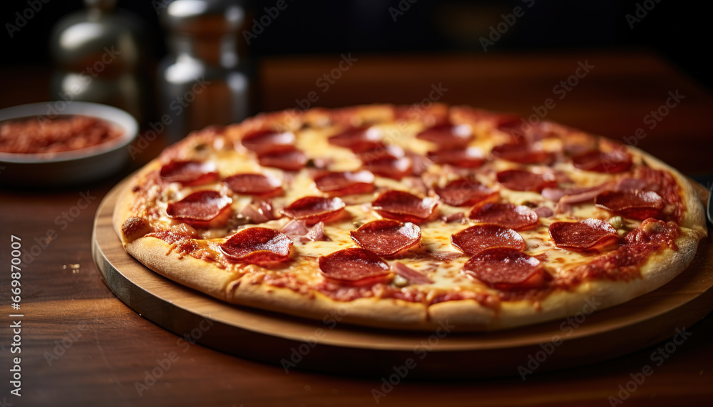 A classic pepperoni pizza on a marble counter, succulent toppings and soft, subtle shadows A classic pepperoni pizza on a marble counter, succulent toppings and soft, subtle shadows