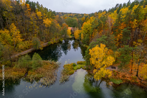 Fototapeta Naklejka Na Ścianę i Meble -  Aerial autumn fall view Green Lakes, Balsys Lake (Žalieji Ežerai) Vilnius, Lithuania
