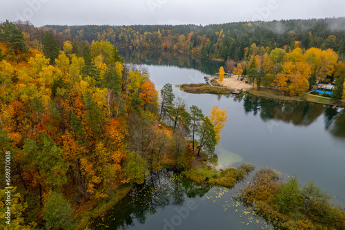 Aerial autumn fall view Green Lakes, Balsys Lake (Žalieji Ežerai) Vilnius, Lithuania photo