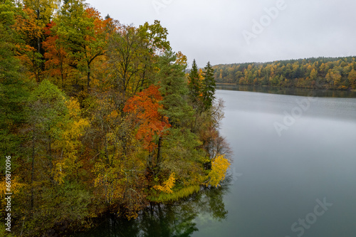 Aerial autumn fall view Green Lakes, Balsys Lake (Žalieji Ežerai) Vilnius, Lithuania