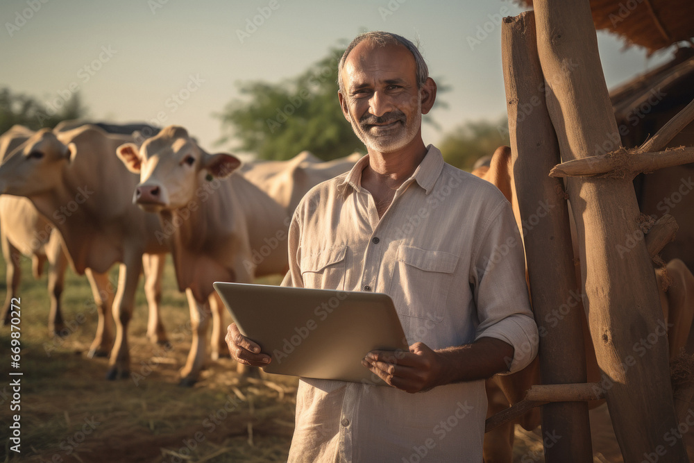 Indian man using laptop at his dairy farm - obrazy, fototapety, plakaty 