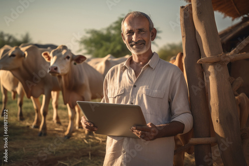 Indian man using laptop at his dairy farm photo