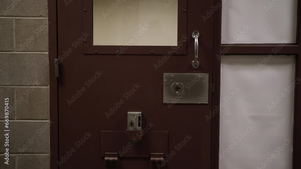 Prison cell door inside of jail or prison hallway. Prison cell door inside of jail or prison hallway.