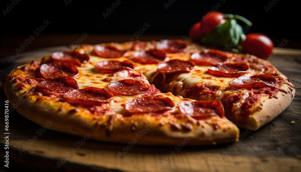 A classic pepperoni pizza on a marble counter, succulent toppings and soft, subtle shadows