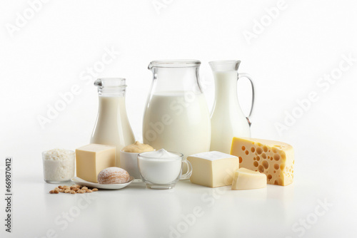 Milk bottle,yogurt and cheese on white background