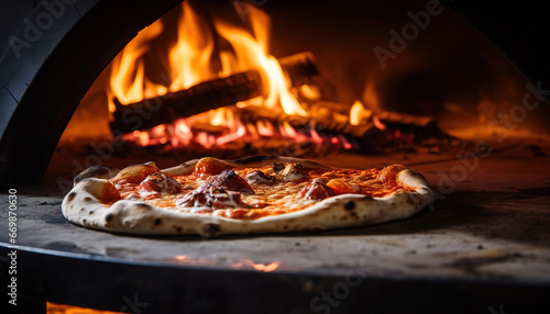 Pizza close-up, blurred background with flames from the wood-fired oven, dreamy atmosphere