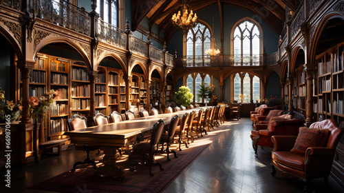 A library interior with high ceilings and grand architecture. vintage. Classical library room with old books on shelves. Bookshelves in the library. Large bookcase with lots of books.  