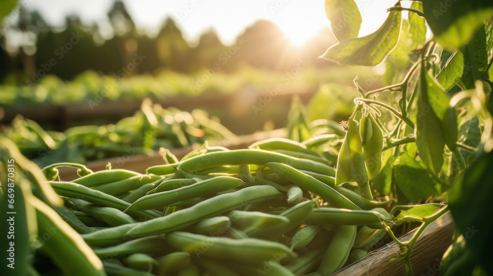 Fresh green pea pods at agriculture field - obrazy, fototapety, plakaty 