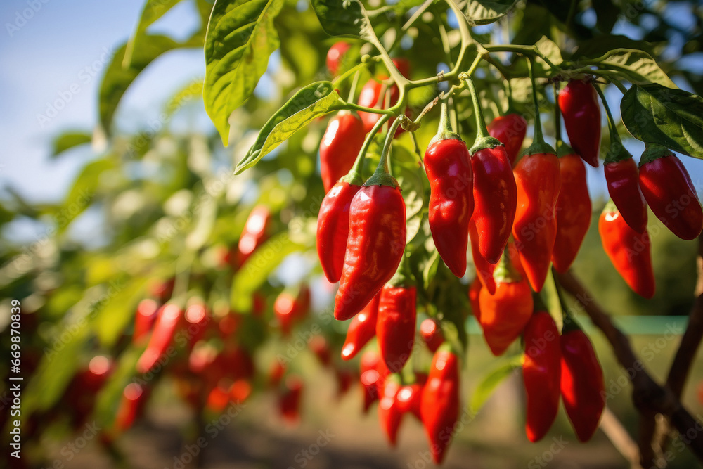 Obraz premium Red chili hanging on tree branch at agriculture field