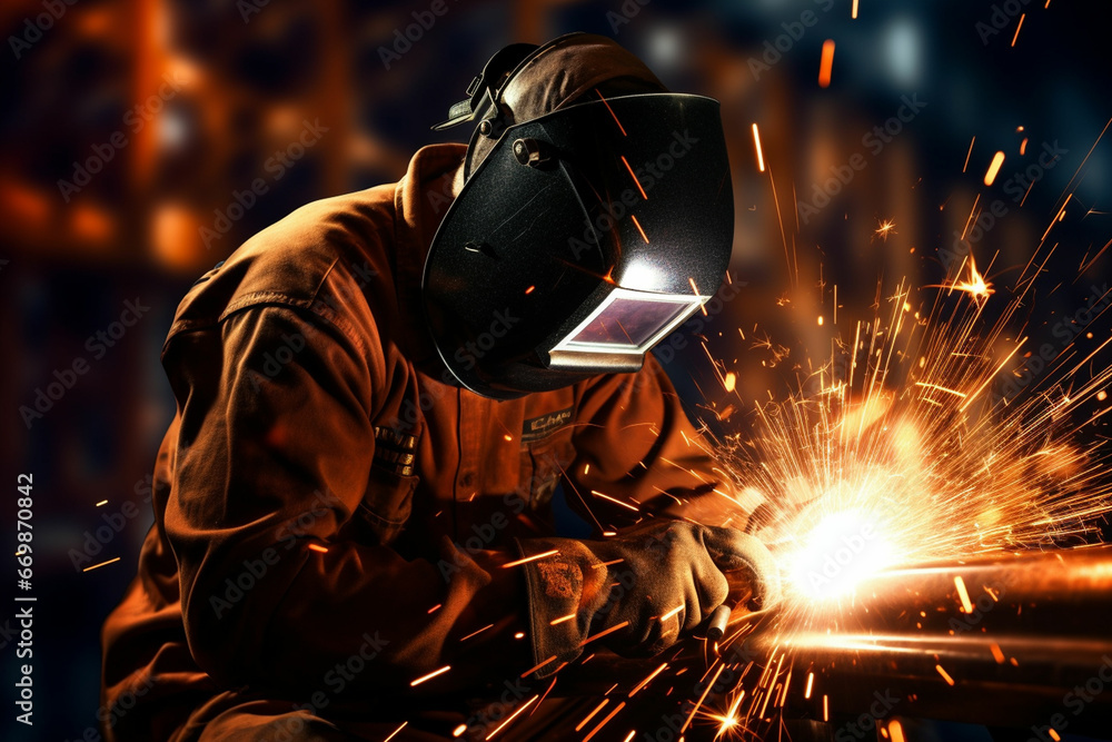 © msroster - Welder is welding metal, industry them bokeh and sparkle background