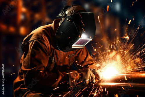 Welder is welding metal, industry them bokeh and sparkle background © msroster