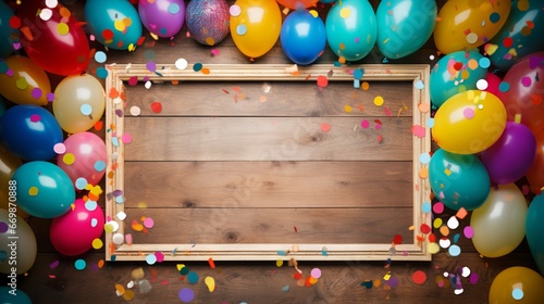 Colorful party frame with balloons, streamers and confetti on rustic wood background