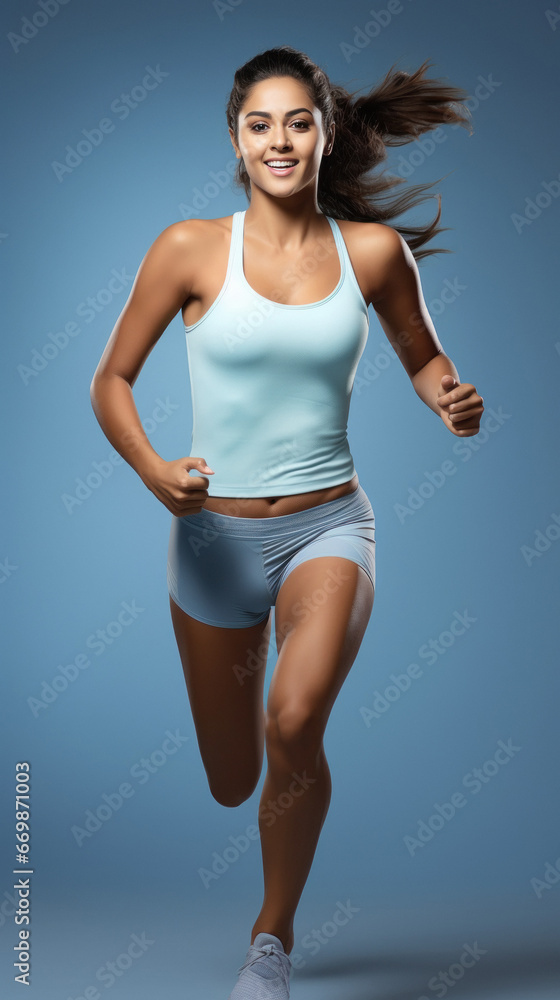Obraz premium Young woman in sport wear and running on blue background.