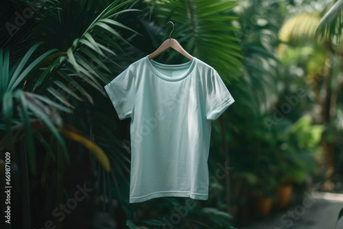 t-shirt mockup hanging on palm leaves