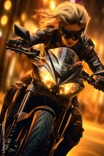 Woman on yellow sports bike riding at the city streets. Blurred motion  fast speed. Photorealistic illustration