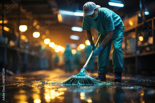 staff cleaning floor with mop