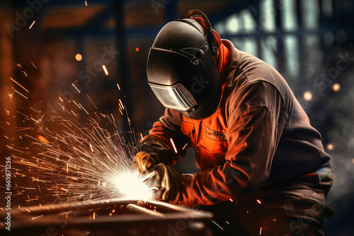 Welder is welding metal, industry them bokeh and sparkle background