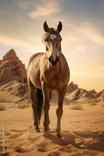 A horse in the dessert  front view  stunning photorealistic illustration