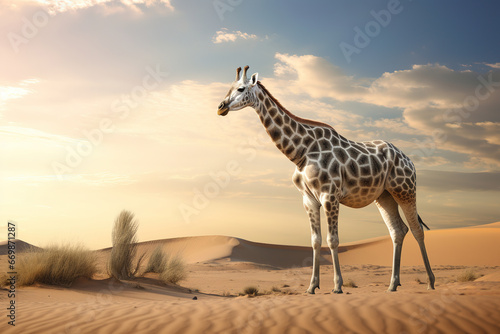 A giraffe in the sand dunes  stunning photorealistic illustration