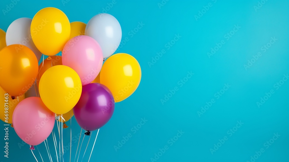 Colourful balloons bunch on a blue wall background with copy space for celebration, party, or birthday themes