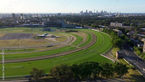 Drone aerial landscape view of Royal Randwick Racecourse track tourism carnival gambling equestrian Sydney City CBD Kensington NSW Australia 4K photo