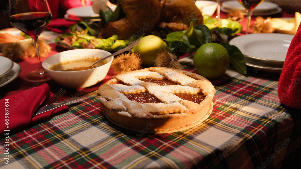 Thanksgiving dinner table with salty food and tart sweets Thanksgiving dinner table with salty food and tart sweets