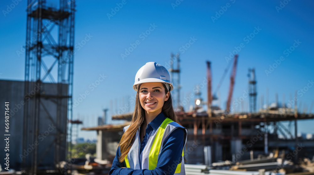 Young and successful female engineer standing at construction site Young and successful female engineer standing at construction site