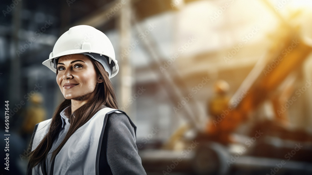 Young and successful female engineer standing at construction site