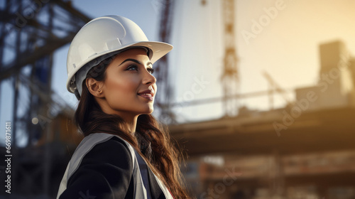 Young and successful female engineer standing at construction site