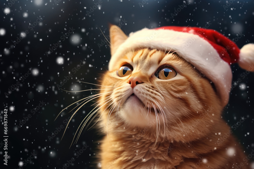 cat in red Christmas Santa hat festive background