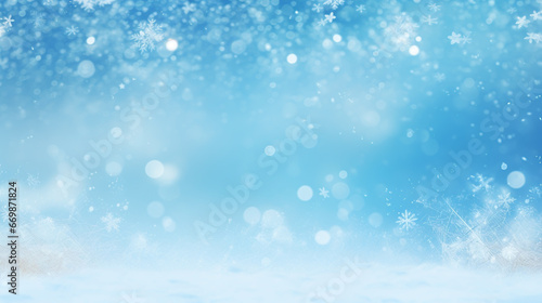 Magical heavy snow flakes backdrop. Snowstorm speck ice particles. Snowfall sky white teal blue wallpaper. © alexkich