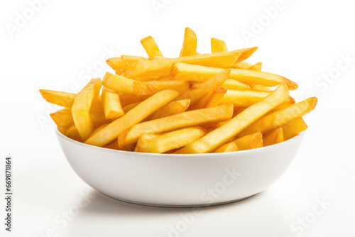 French fries in a ceramic bowl isolated on white background
