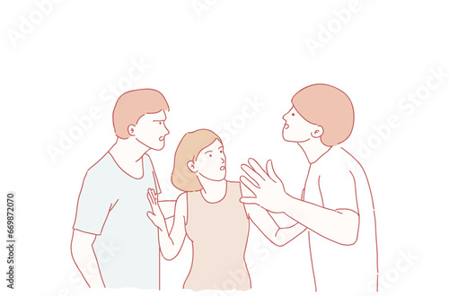 two men were fighting and a woman broke up the fight. vector hand drawn style