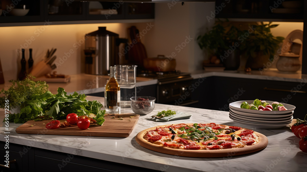 Gourmet pizza in a contemporary kitchen, vibrant colors and crispy edges