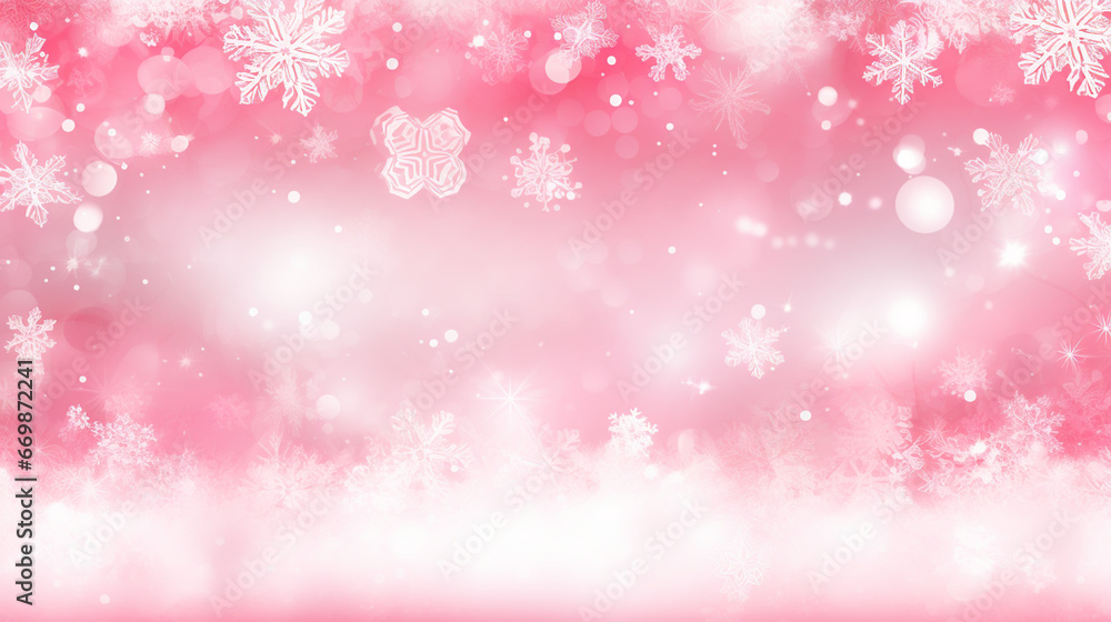 Christmas poster with shiny silver snowflakes on a pink background.