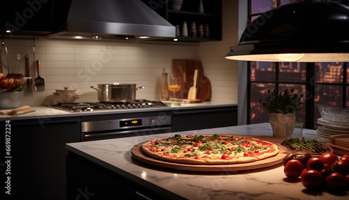 Gourmet pizza in a contemporary kitchen, vibrant colors and crispy edges