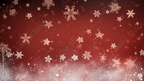 Snow red background. Christmas snowy winter design. White falling snowflakes, abstract landscape. Cold weather effect.