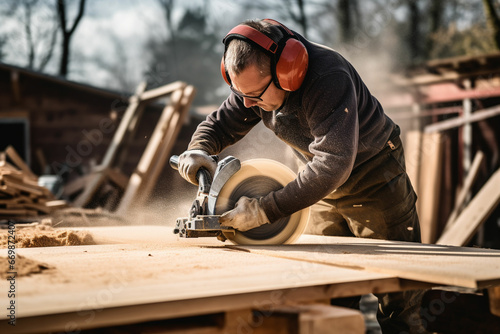 Worker using a circular saw to cut a wooden board at a construction site