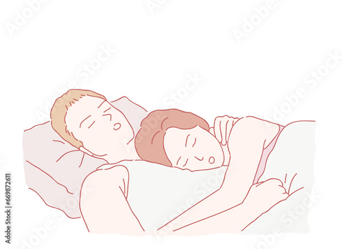 illustration of a couple sleeping together. vector hand drawn style
