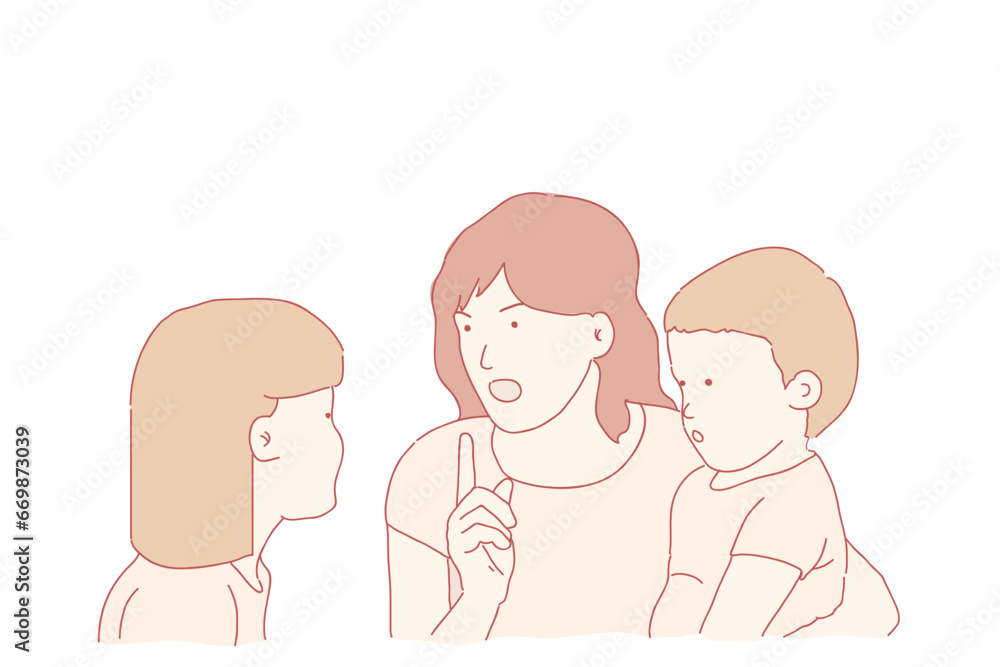 illustration of a mother giving advice to her two children. vector hand drawn style illustration of a mother giving advice to her two children. vector hand drawn style