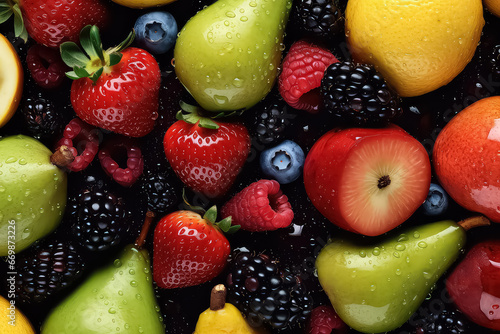 seamless background of many beautiful and shiny fruits  top view.