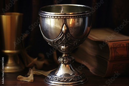 Shiny chalice on stand. Lifelike prize cup honor. Generative AI