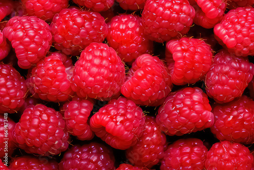 seamless background of many beautiful and shiny raspberry, top view.