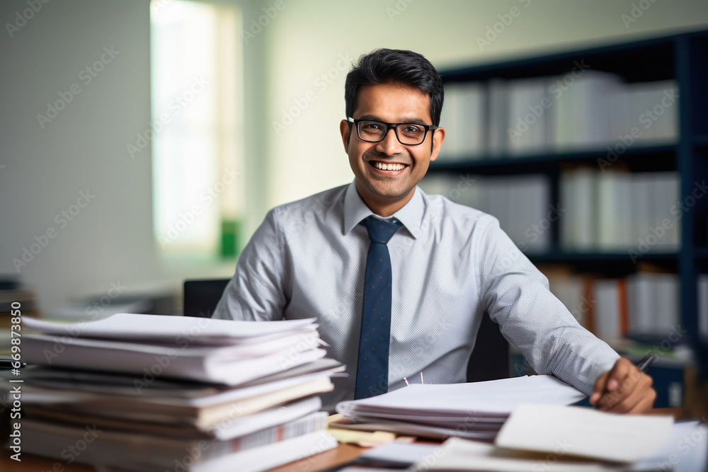 Obraz premium Indian male chartered accountant or bookkeeper sitting at office