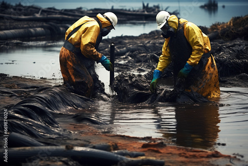 Workers in protective gear cleaning up oil spills, Cleaning Up