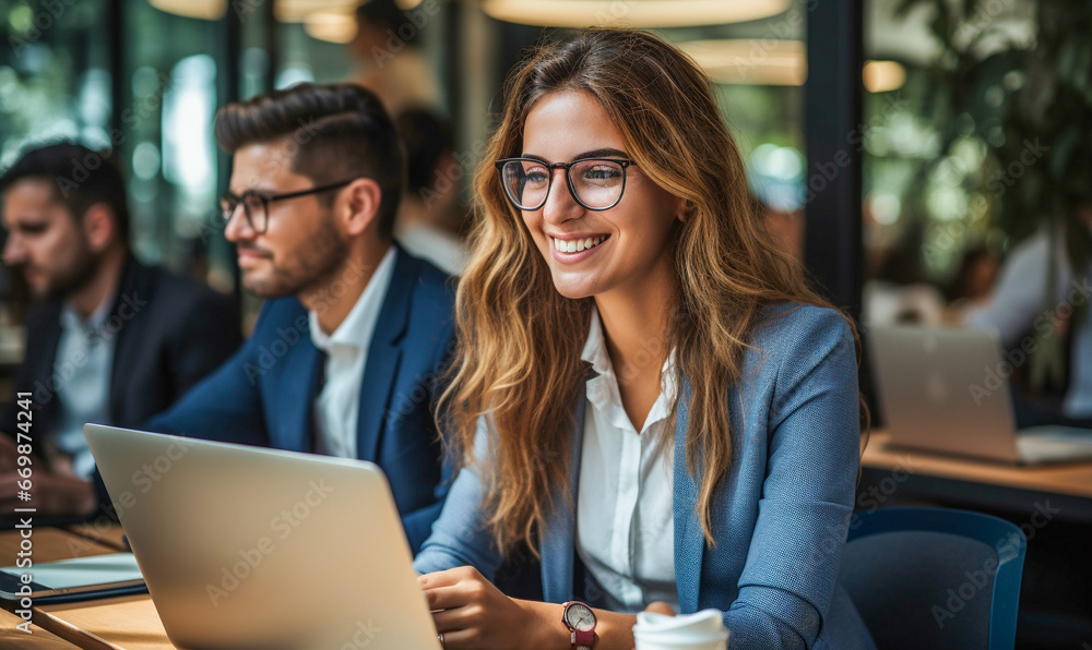 Cheerful businesspeople using a laptop in an office. Cheerful businesspeople using a laptop in an office.