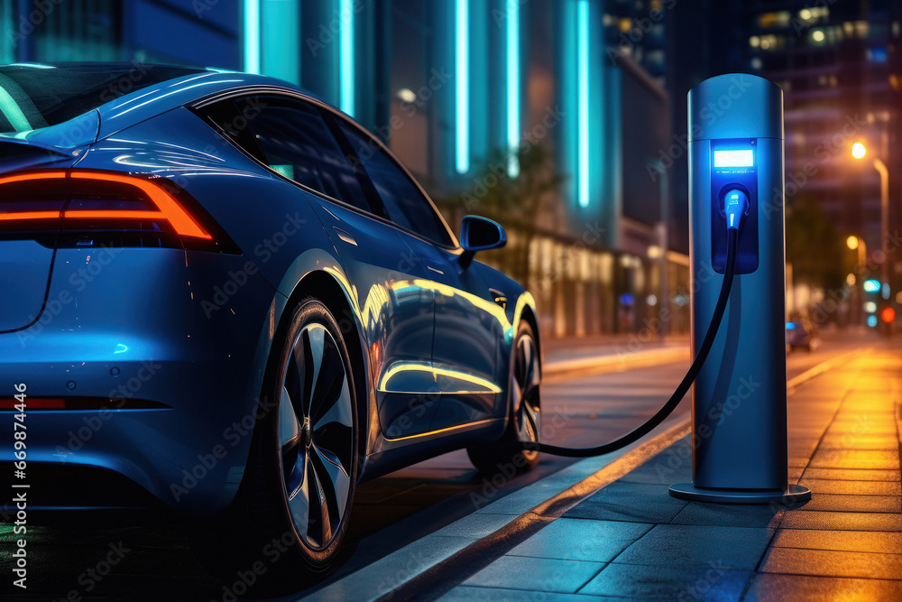 Modern electric car plug on charging station