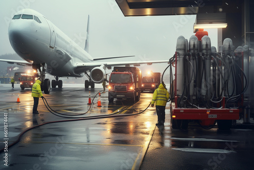 Workers refueling planes in the airport