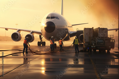 Workers refueling planes in the airport